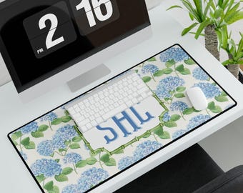 Monogrammed Floral Desk Mat, Blue Hydrangea Office Decor