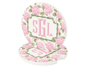 Posavasos para coche con hortensias rosas, accesorios personalizados de arenisca con monograma