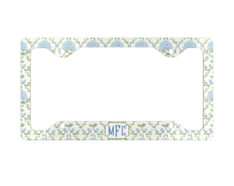 Blue Hydrangea License Plate Frame, Preppy Monogram Car Decor, Floral Auto Accessories