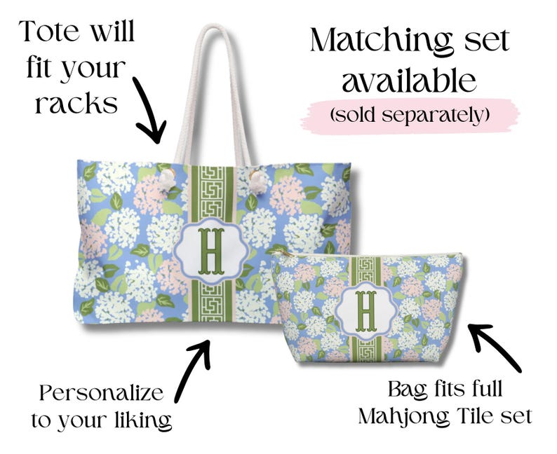 May include: A tote bag and matching cosmetic bag set. Both bags feature a blue floral pattern with white and pink flowers. The tote has rope handles and a decorative green stripe with the letter "H". The cosmetic bag has a zipper closure.