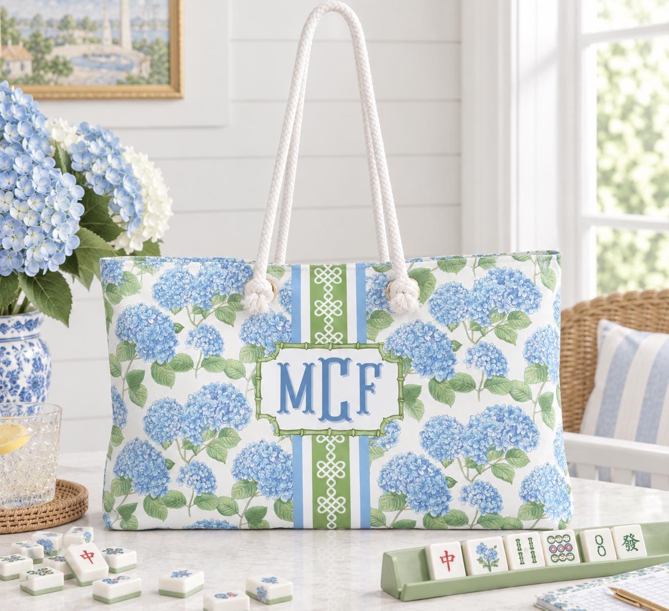 Blue Hydrangea Mahjong Tote: Personalized Floral Monogram Bag - Etsy