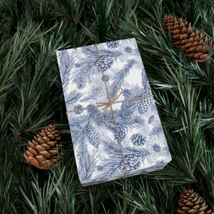Blue Chinoiserie Christmas Wrapping Paper, Toile Gift Wrap, Pinecone Paper Roll, Grandmillennial Holiday Wrap, Luxury and Heavy-Duty Unique