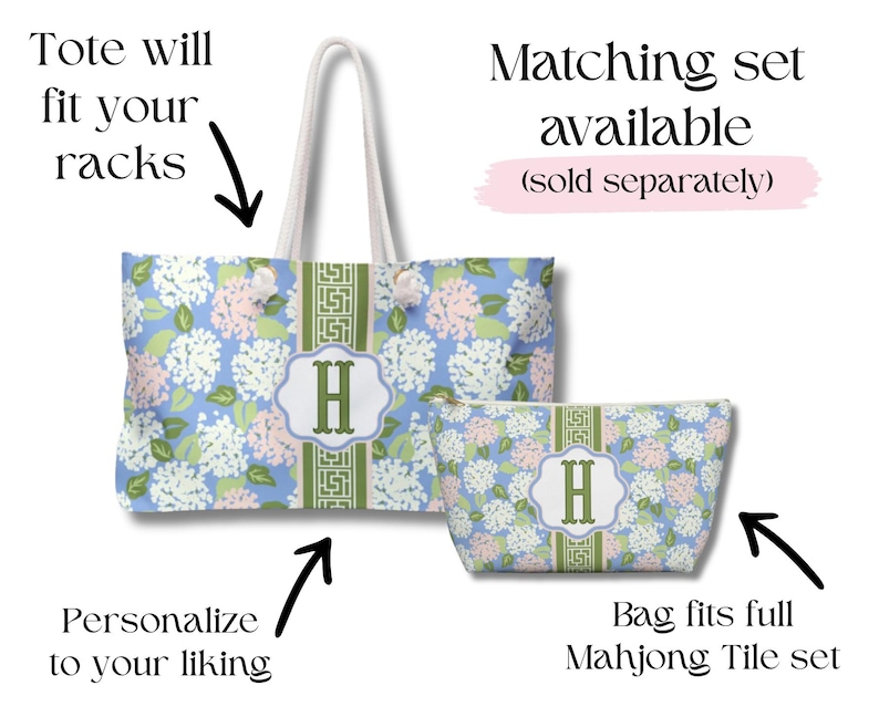 Puede incluir: Un juego de bolso tote y neceser a juego. Ambas bolsas presentan un estampado floral azul con flores blancas y rosas. El bolso tote tiene asas de cuerda y una franja verde decorativa con la letra "H".