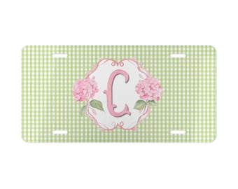 Personalized Hydrangea Gingham License Plate, Preppy Monogram Car Decor