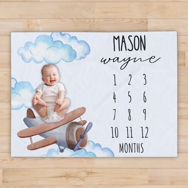 Airplane Baby Milestone Blanket, Plane Nursery, Personalized Baby, Monthly Tracker, Newborn Boy Gift, Aviation Photo Prop, Months Old