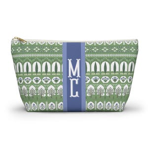 Puede incluir: Un neceser rectangular con cremallera dorada. La bolsa presenta un patrón verde y blanco con árboles y arcos. Una franja vertical azul en el centro muestra las letras blancas "MC".