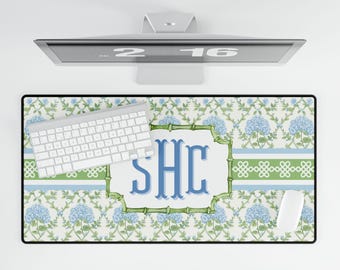 Monogrammed Floral Desk Mat: Blue Hydrangea, Personalized Home Office Decor