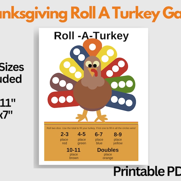 Roll A Turkey Thanksgiving Game, Thanksgiving Kids Table Game, Turkey Dice Game, Roll-A-Turkey Game, Printable Holiday Games, Printable Game