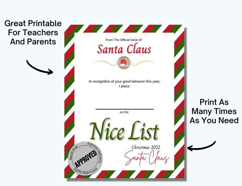 Editable Nice List Certificate, Letter From Santa, Nice List, Instant