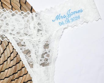 Personalised Bridal Lace Thong, Wedding Underwear With Name & Date, Something Blue Bride Underwear, Custom Bridal Knickers, Bride Gift