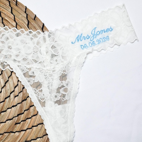 Personalised Bridal Lace Thong, Wedding Underwear With Name & Date, Something Blue Bride Underwear, Custom Bridal Knickers, Bride Gift