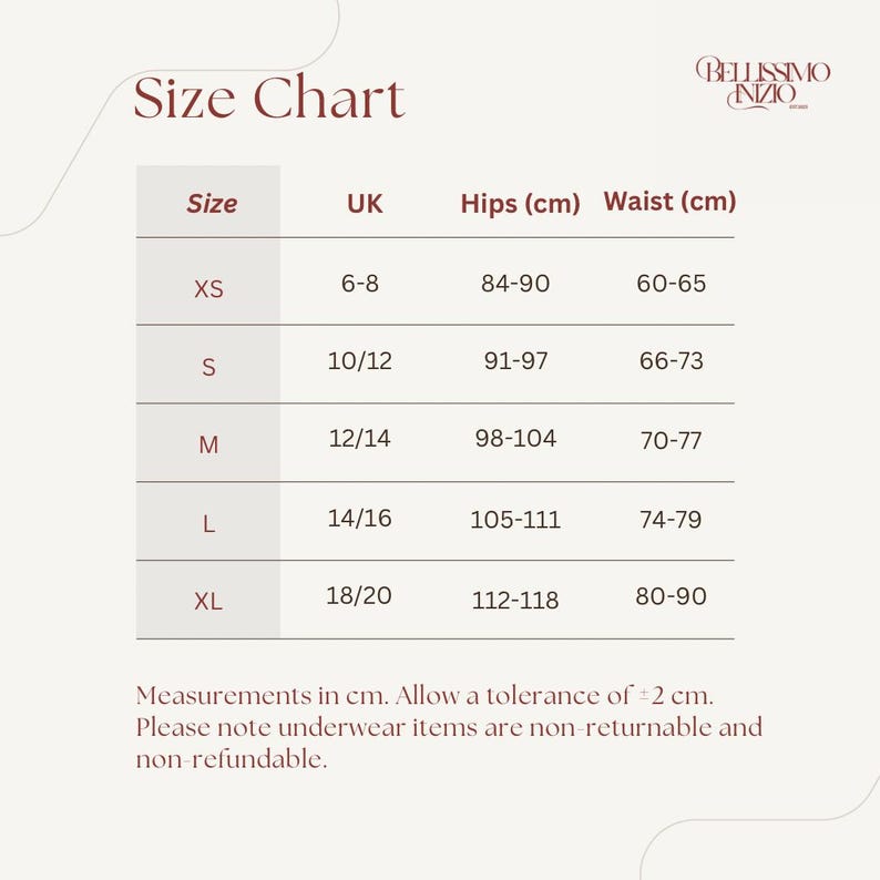 May include: A size chart for underwear, with measurements in centimeters. Sizes range from XS to XL, with corresponding UK sizes, hip measurements (84-118 cm), and waist measurements (60-90 cm). The chart includes the brand name.