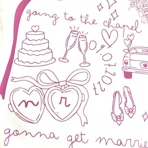 May include: A pink and white wedding-themed illustration with the text "going to the chapel" and "gonna get married." The design includes a cake, champagne glasses, hearts, a car, shoes, and heart-shaped lockets with the letters "n" and "r."