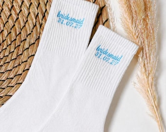 Bridesmaid Socks Personalised, Embroidered Wedding Socks, Bridal Party Gift, Custom Name & Date Socks, Bridesmaid Proposal Gift