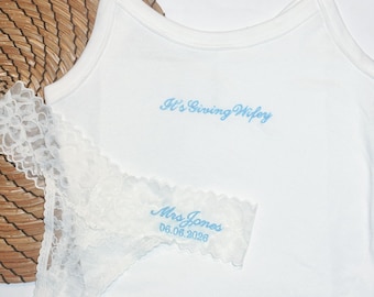 Embroidered It’s Giving Wifey Vest Top | Personalised Bride Thong | Bridal Gift | Honeymoon Outfit | Bride to Be Top | Newlywed Lingerie Set