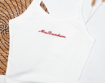 Personalised Bride Vest Top, Custom Embroidered Bridal Tank, Mrs Name Top, Wedding Morning Outfit, Honeymoon Gift, Bridal Getting Ready Top