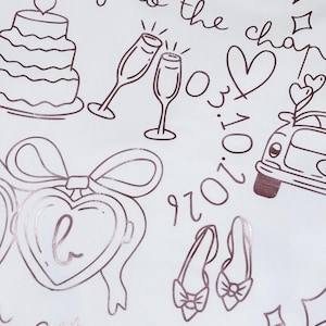 May include: White background with rose gold line art of wedding-themed illustrations. Includes a tiered cake, champagne flutes, a heart, a car with hearts, a pair of shoes, and the text "going to the chapel" and "get married".