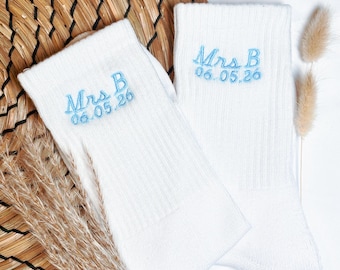 Embroidered Personalised Wedding Socks | Mr & Mrs Socks | Bridal Socks With Wedding Date | Bride Groom Gift | Custom Name Initial Socks