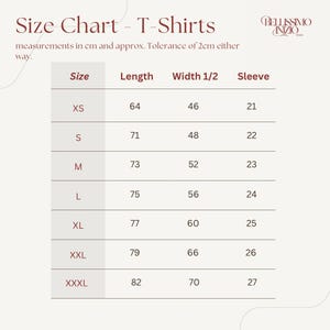 May include: A size chart for T-shirts, with measurements in centimeters. The chart includes sizes XS to XXXL, listing length, width, and sleeve measurements. The text "Size Chart - T-Shirts" is at the top, with the brand name "BELLISSIMO INZIO" in the upper right corner.