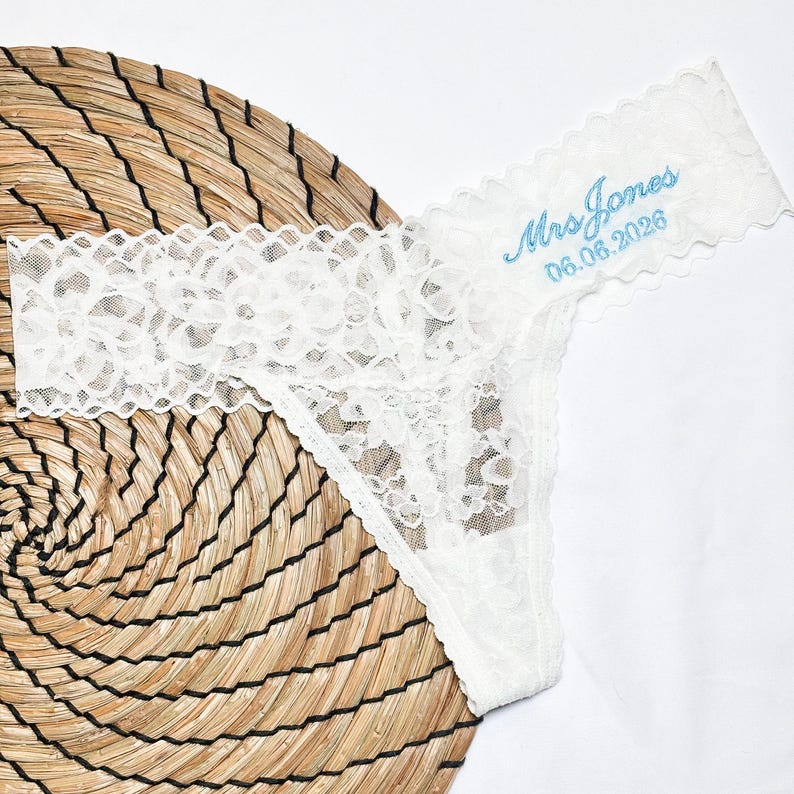 Personalised Bridal Lace Thong, Wedding Underwear With Name & Date, Something Blue Bride Underwear, Custom Bridal Knickers, Bride Gift image 8