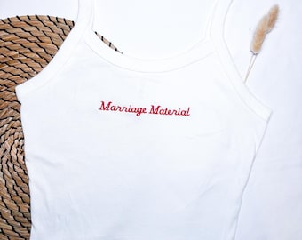 Marriage Material Embroidered Crop Vest | Personalised Hen Do Top | Bride To Be Outfit | Bridal Shower Tank Top | Wedding Morning Vest