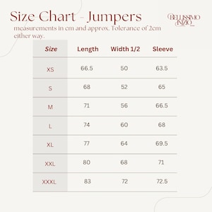 May include: A size chart for jumpers, with measurements in centimeters. The chart includes sizes XS to XXXL, listing length, width, and sleeve measurements. The text "Size Chart - Jumpers" is at the top, with the brand logo in the upper right corner.