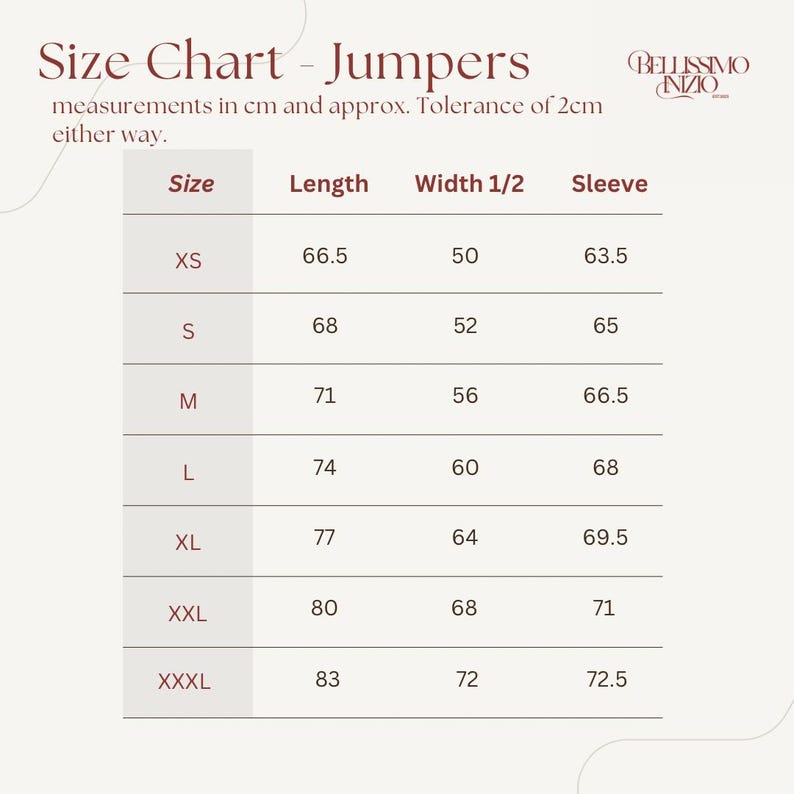 May include: A size chart for jumpers, with measurements in centimeters. The chart includes sizes XS to XXXL, listing length, width, and sleeve measurements. The text "Size Chart - Jumpers" is at the top, with the brand logo in the upper right corner.