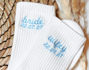 Embroidered Personalised Bride or Groom Socks, Wedding Day Socks, Wifey Hubby Socks, Custom Date Socks, Bridal Socks, Groom Gift
