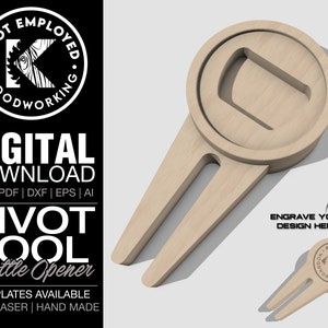 May include: A wooden golf divot tool with a bottle opener on the top. The tool is light brown and has a rounded top with a circular bottle opener. The bottom of the tool has two prongs for picking up divots on the golf course. The tool is engraved with the text "KNOT EMPLOYED WOODWORKING".