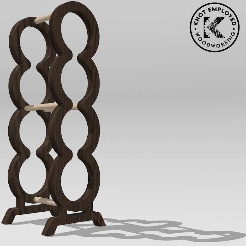 May include: A dark brown wooden wine rack with a unique design featuring multiple circular openings. The rack has a simple, modern aesthetic and is made of sturdy wood.