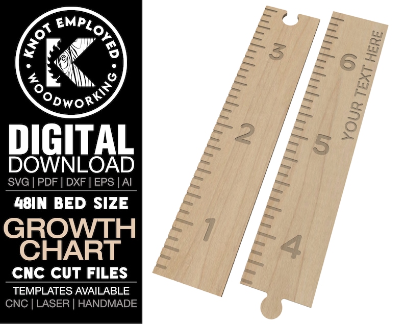 May include: Two wooden growth chart rulers with engraved markings and numbers. One ruler has a notch at the top and a rounded bottom. The other ruler has the text "YOUR TEXT HERE". The left side of the image has the text "DIGITAL DOWNLOAD" and "GROWTH CHART".