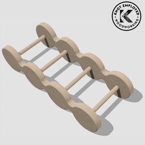 May include: A wooden wine rack with five bottle slots. The rack is made of light brown wood and has a natural finish. The rack is designed to hold wine bottles horizontally.