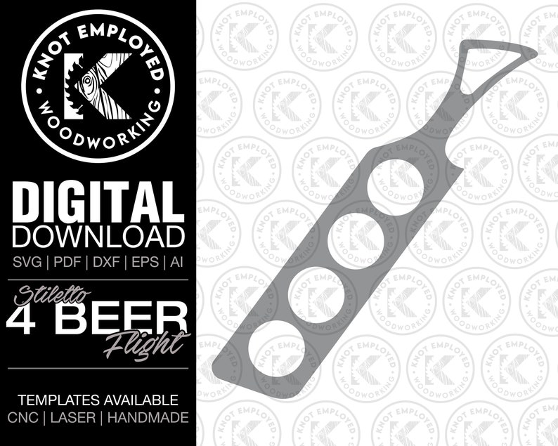 Puede incluir: Un vuelo de cerveza de madera gris con cuatro agujeros para vasos. El vuelo tiene forma de cuchillo stiletto. El texto "Stiletto 4 Beer Flight" est&aacute; impreso en la imagen.