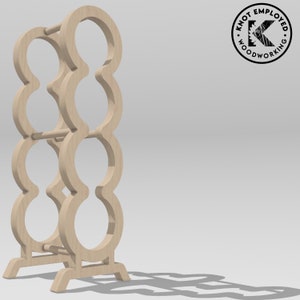 May include: A wooden wine rack with a unique design. The rack has three tiers of bottle holders, each with a curved shape. The rack is made of light wood and has a natural finish. It is standing on a white surface.