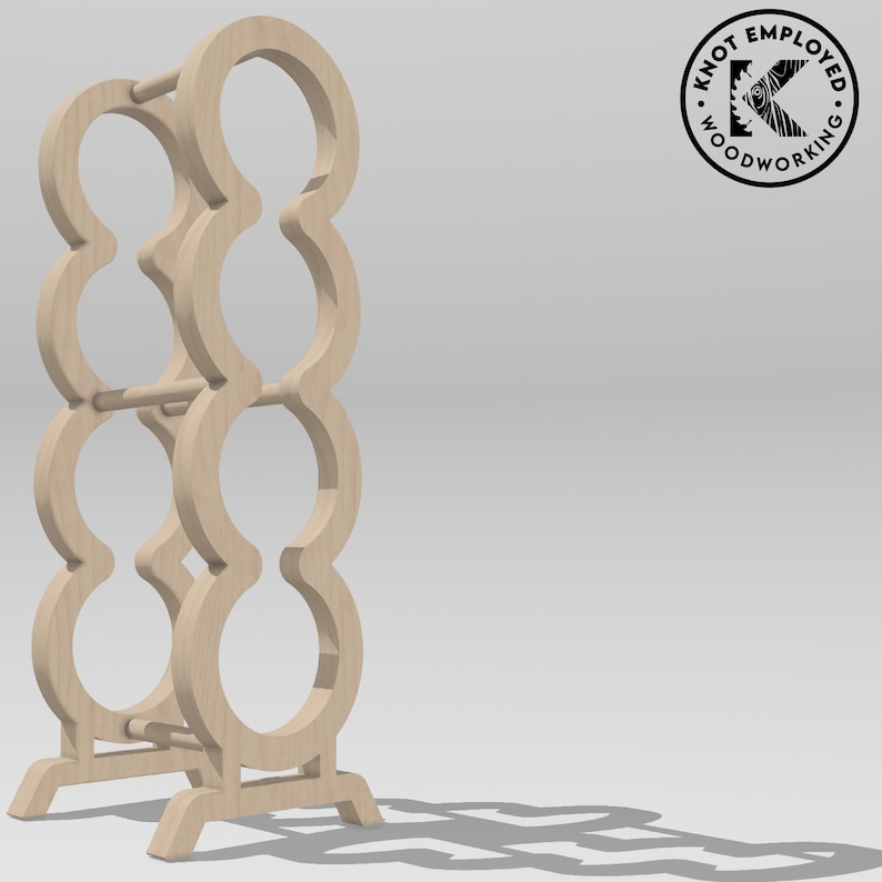 May include: A wooden wine rack with a unique design. The rack has three tiers of bottle holders, each with a curved shape. The rack is made of light wood and has a natural finish. It is standing on a white surface.