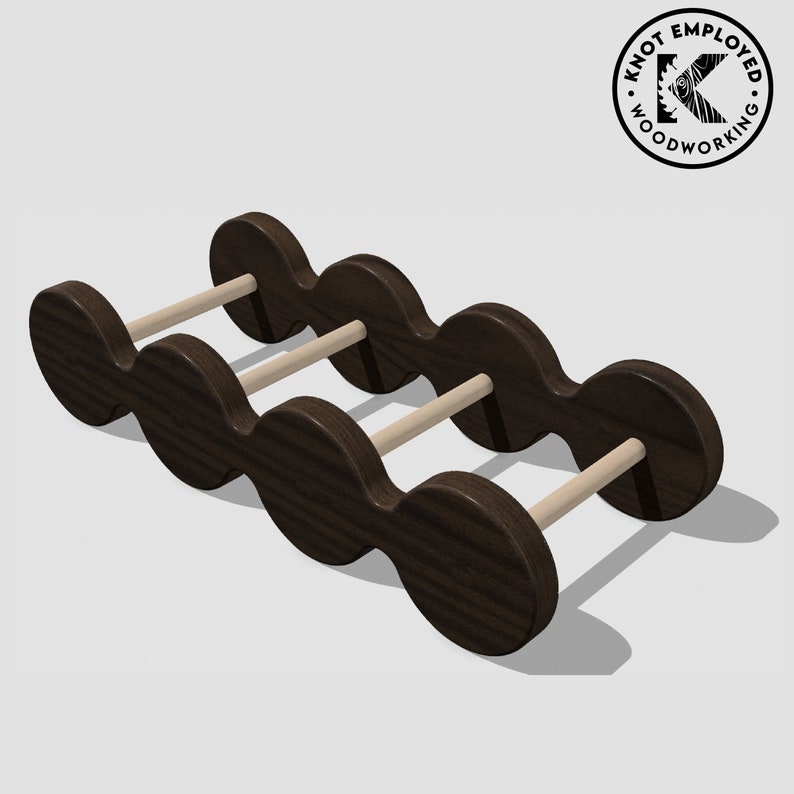 May include: A dark brown wooden wine rack with a wavy design and four rows of circular openings. The rack is made of solid wood and has a natural finish.