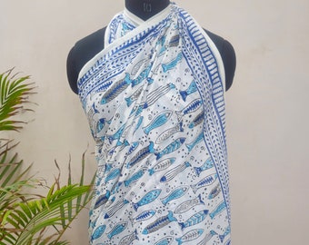 Fish Print Sarong Blue Sarong Hand Block Printed Indian Handmade Sarong , Soft Cotton Light Weight Voile Sarong