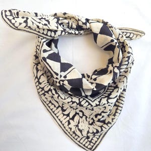 Bandana Scarf Handmade Hand Block Print Bandana in Cream, Pumpkin and Steel - Handmade Organic Cotton Bandana