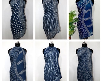 Wholesale Indigo Blue Natural Color Indigo Sarong Indian Hand Block Printed Cotton Sarongs Indigo Beach Sarong Women's Swimwear Pareos