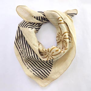Bandana Scarf Handmade Hand Block Print Bandana in Cream, Pumpkin and Steel - Handmade Organic Cotton Bandana