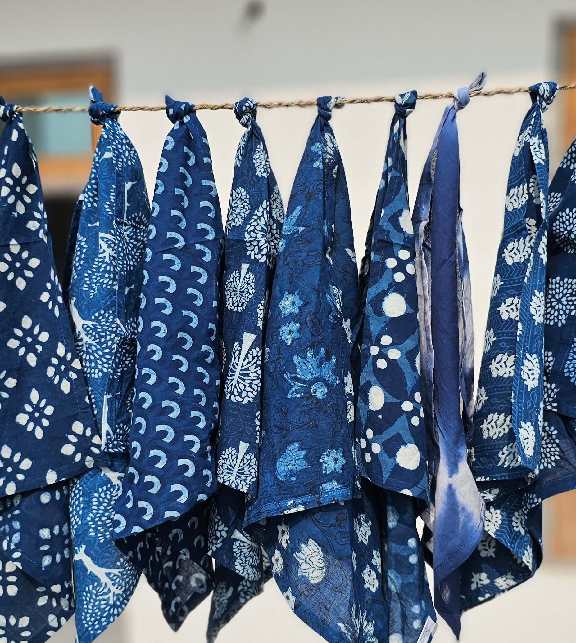 Vintage Cotton Bandanas, Indigo Blue Print Bandanas Bohemian Hippie Headwear/Hair Band Scarf Neck Wrist Wrap Band Head Bandana Gifts