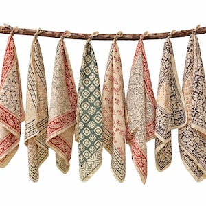 Set of 10 Hand Block Print Bandanas, Organic Cotton Neck Scarf Boho Head Wrap Vegetable Dyed Bandana Set Artisanal Woodblock Print Kerchiefs