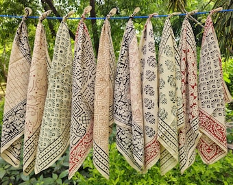 Organic Cotton Bandanas Set of 10, Hand Block Print Bandanas, Natural Cotton Head Scarf, Boho Hair Wrap, Unisex Cotton Bandanas
