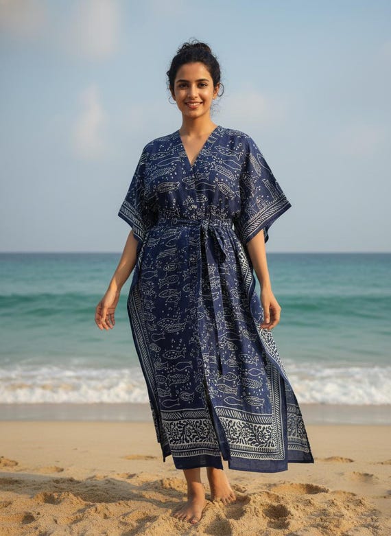 designer beach dresses and kaftans Hand Block Print Fish Kaftan Dress, Indigo Blue Cover Up, Cotton Resort Wear, Boho Caftan, Summer Vacation Dress Teyana Taylor Makes Incognito Cymbeline Color:Dark-Navy Long length Material