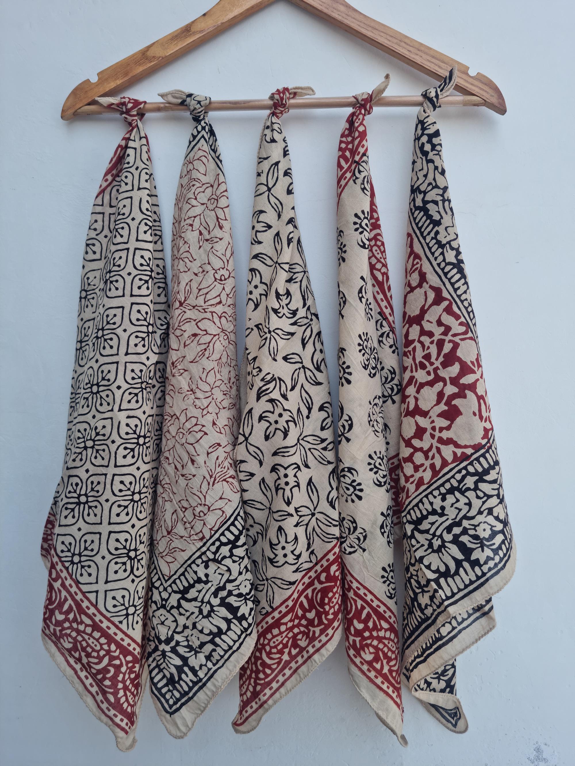 Set of 5 Organic Indian cotton Bandana Scarf,Foulard,Neckerchief,Necktie Face Mask,Hijab,Hand Made Gift for Mom,Dad,Wife,Husband,Gf,Bf