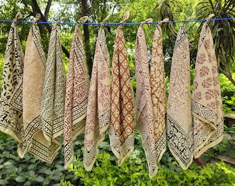 Organic Cotton Bandana Set of 10, Block Print Cotton Bandana, Natural Dye Head Scarf, Boho Hair Bandana, Eco Friendly Cotton Bandana