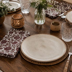 Hand Block Print Cotton Napkins Set, Burgundy Floral Table Napkins, Rustic Dining Decor, Reusable Cloth Napkins, Housewarming Gift