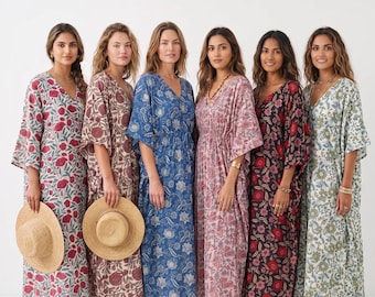 Indian Hand Block Print Cotton Kaftan, Luxury Resort Wear Maxi Dress, Boho Chic Summer Loungewear, Beach Cover Up for Women, Floral Robe
