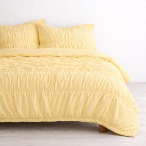 Yellow  Pastel Bedding Set, Ruched Cotton Duvet Cover, Soft Yellow Comforter Set, Minimalist Bedroom Decor, Cozy Bedspread