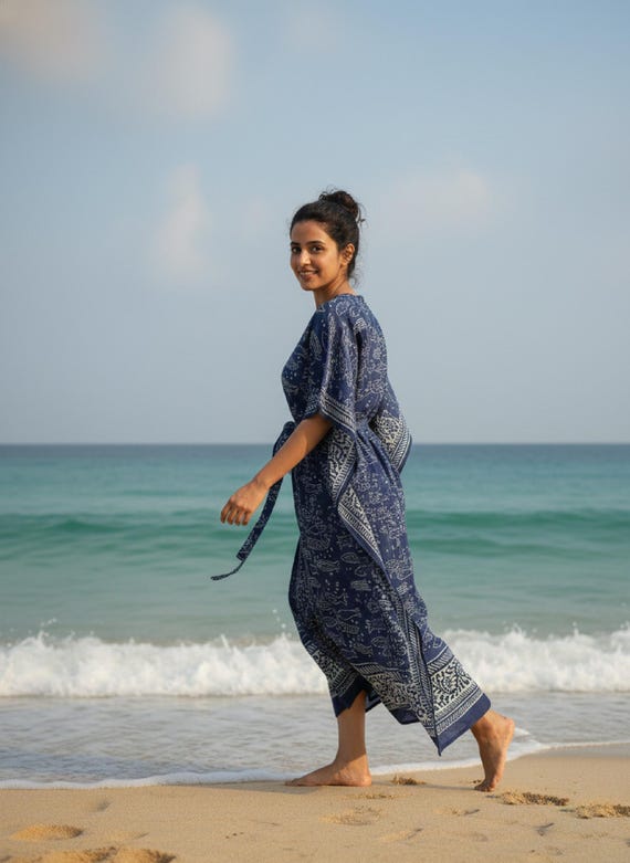 beach caftan dress Hand Block Print Fish Kaftan Dress, Indigo Blue Cover Up, Cotton Resort Wear, Boho Caftan, Summer Vacation 4xl party dresses v neck neckline — Jennifer Lopez shows off Size:13EEE